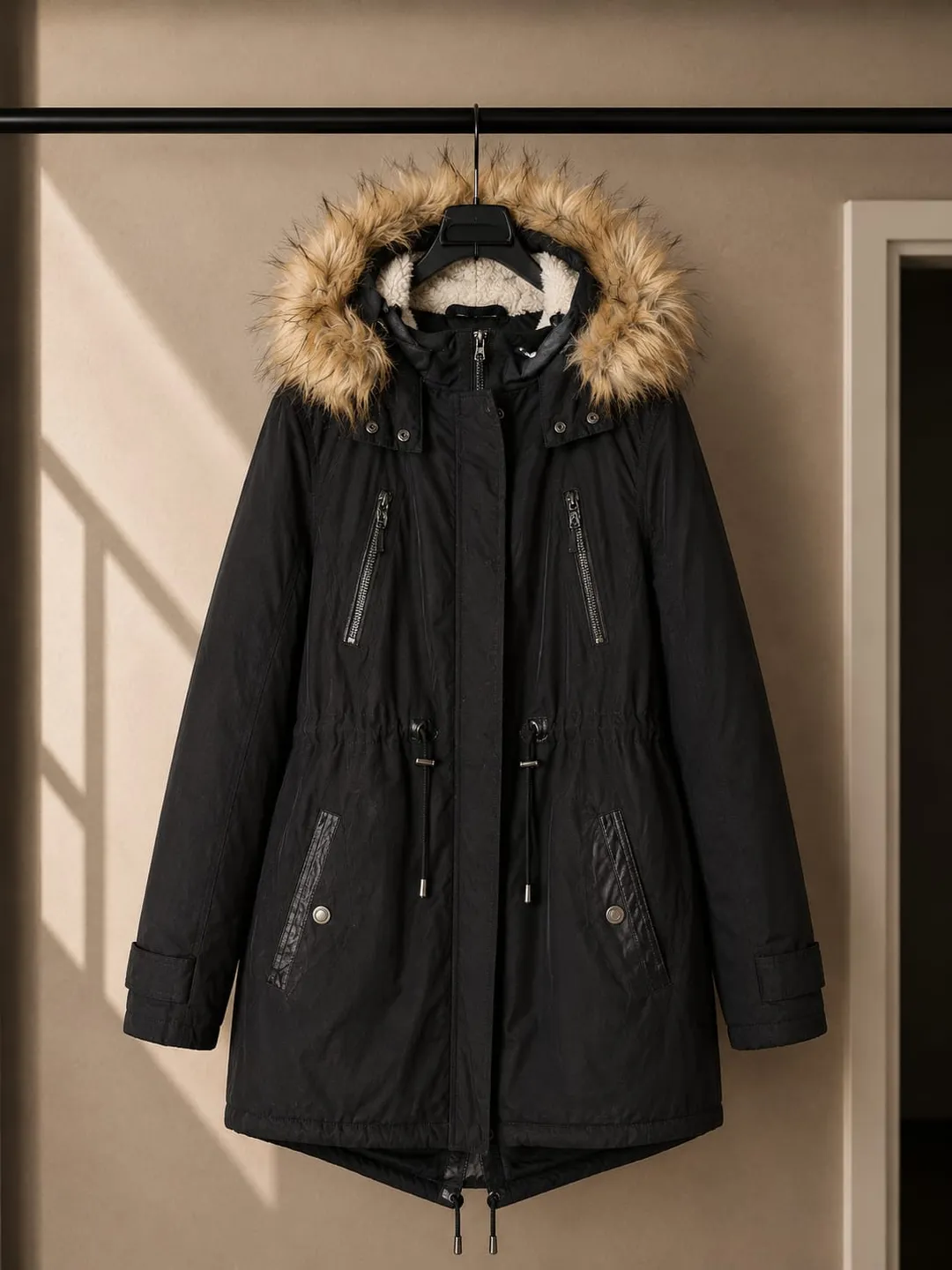 Parka Negra con Capucha de Piel